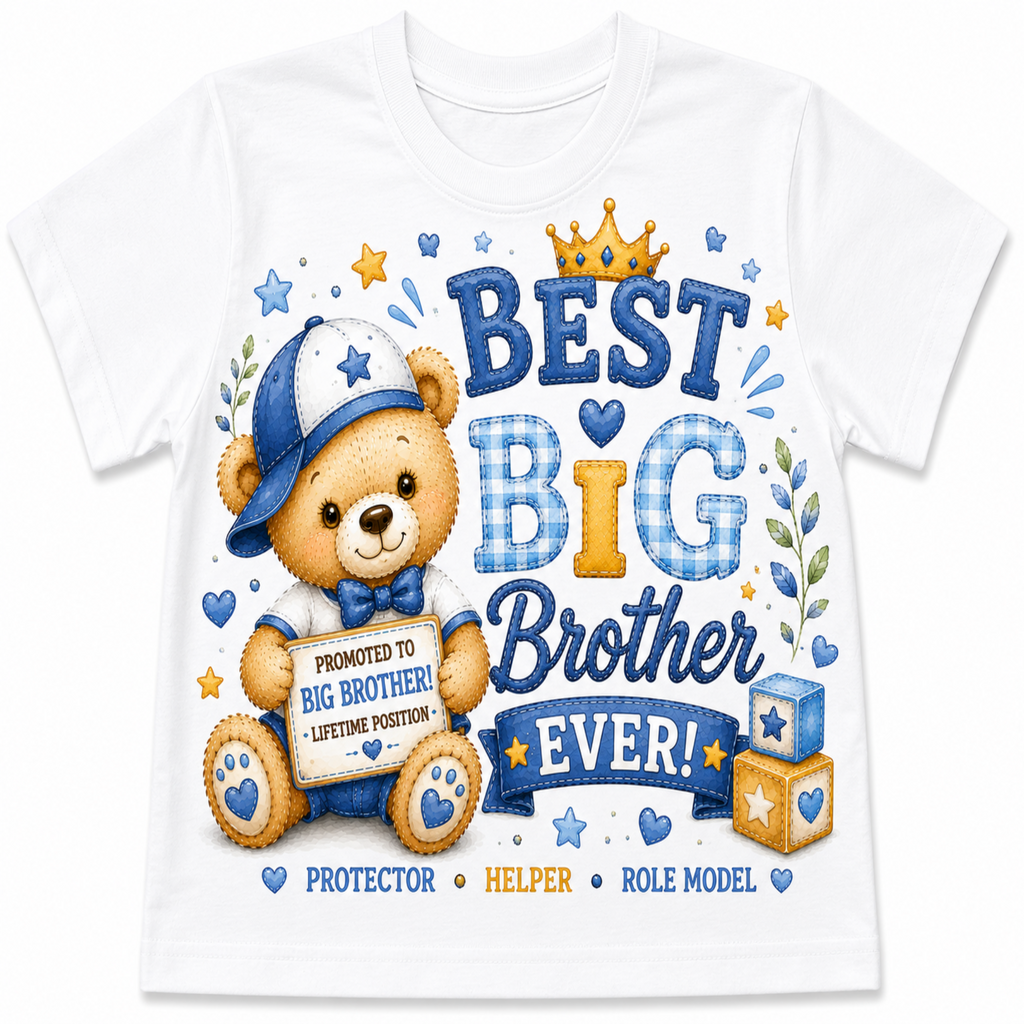 A white short-sleeve t-shirt featuring a colorful graphic design for a boy's 'Best Big Brother'. The design includes a cartoon teddy bear wearing a blue cap and bow tie, surrounded by blue and yellow text, stars, hearts, and blocks.