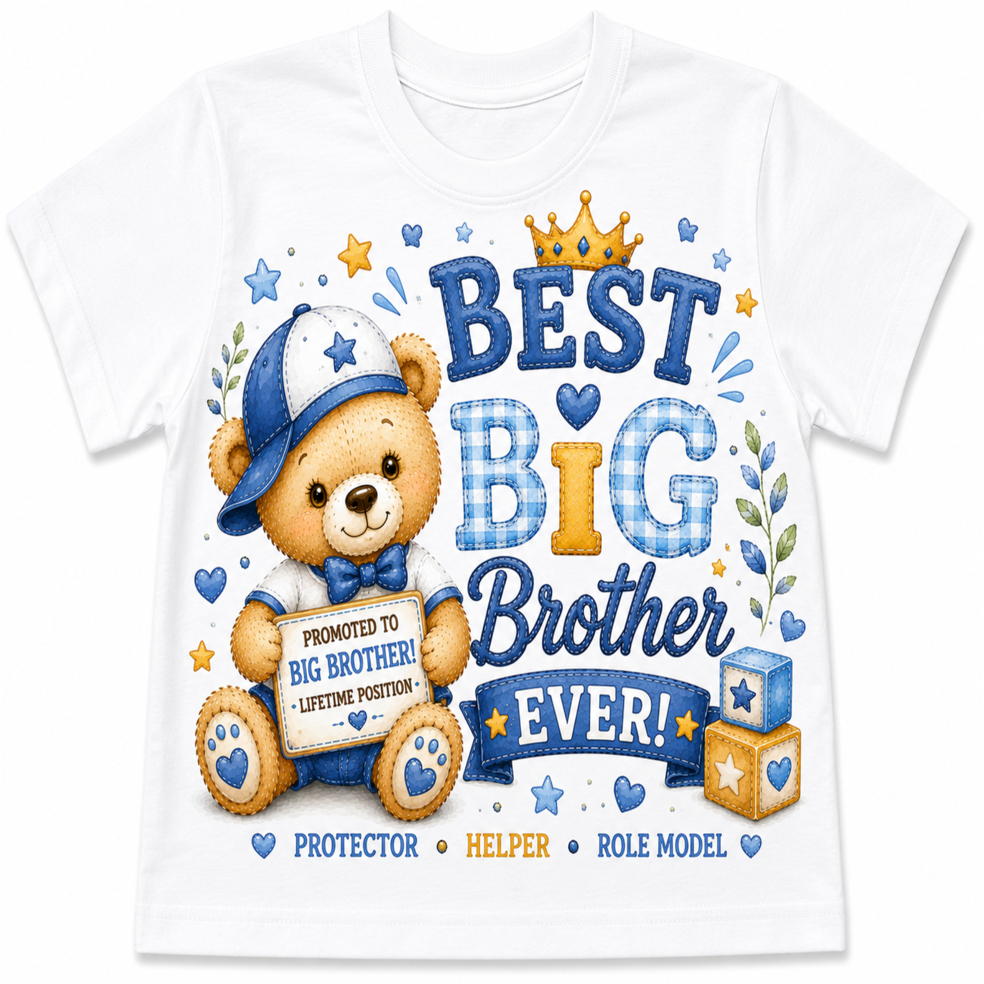 A white short-sleeve t-shirt featuring a colorful graphic design for a boy's 'Best Big Brother'. The design includes a cartoon teddy bear wearing a blue cap and bow tie, surrounded by blue and yellow text, stars, hearts, and blocks.