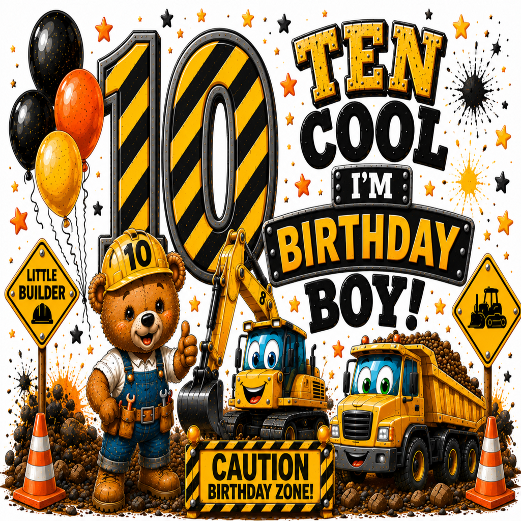 A colorful children's birthday party backdrop or print featuring a construction theme with the text '10 Cool I'm Birthday Boy!' in bold lettering. The design includes cartoon teddy bears in construction gear, a yellow excavator, a yellow dump truck, balloons in black, orange, and gold, warning signs, and construction stars on a white background.