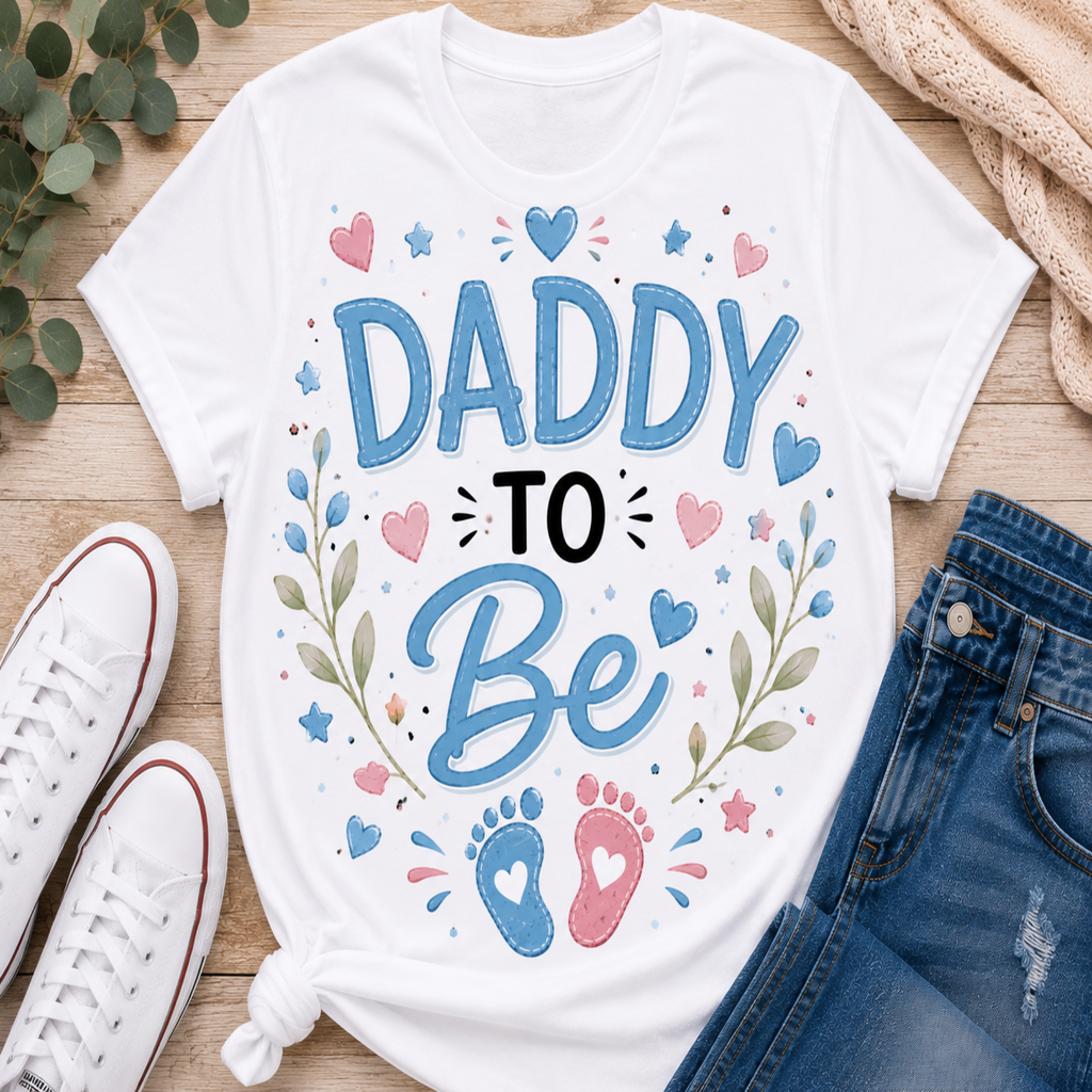 A white graphic T-shirt laid flat on a wooden surface with styled props including white sneakers, blue jeans, eucalyptus leaves, and a beige knit blanket. The shirt reads “DADDY TO Be” in blue and black lettering with pink and blue baby footprints and heart/star accents.