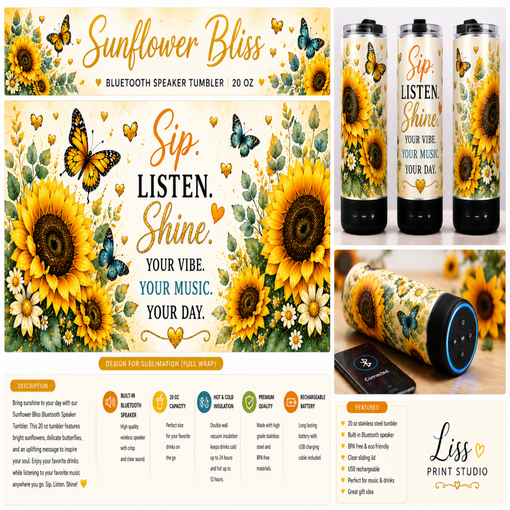 A promotional collage for a 'Sunflower Bliss' Bluetooth speaker tumbler by Liss Print Studio. The design features a cream background decorated with bright yellow sunflowers, green leaves, and colorful butterflies.
