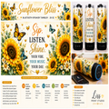 A promotional collage for a 'Sunflower Bliss' Bluetooth speaker tumbler by Liss Print Studio. The design features a cream background decorated with bright yellow sunflowers, green leaves, and colorful butterflies.