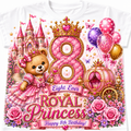 A white short-sleeve t-shirt featuring a large, colorful graphic print for an 8th birthday. The design includes a pink castle, a teddy bear in a pink dress, a large pink and gold number 8 under a crown, balloons, a pink carriage, and the text 'Eight Ever ROYAL Princess Happy 8th Birthday!'.