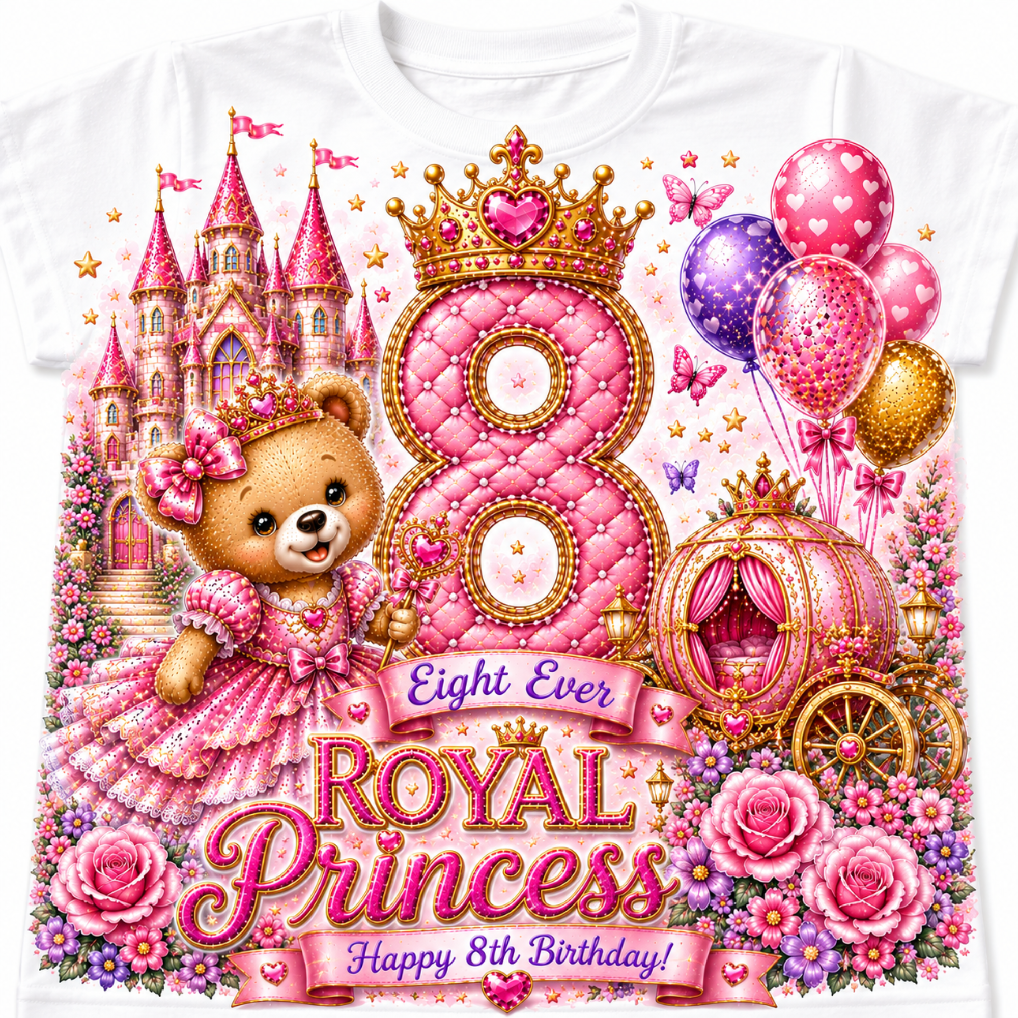 A white short-sleeve t-shirt featuring a large, colorful graphic print for an 8th birthday. The design includes a pink castle, a teddy bear in a pink dress, a large pink and gold number 8 under a crown, balloons, a pink carriage, and the text 'Eight Ever ROYAL Princess Happy 8th Birthday!'.