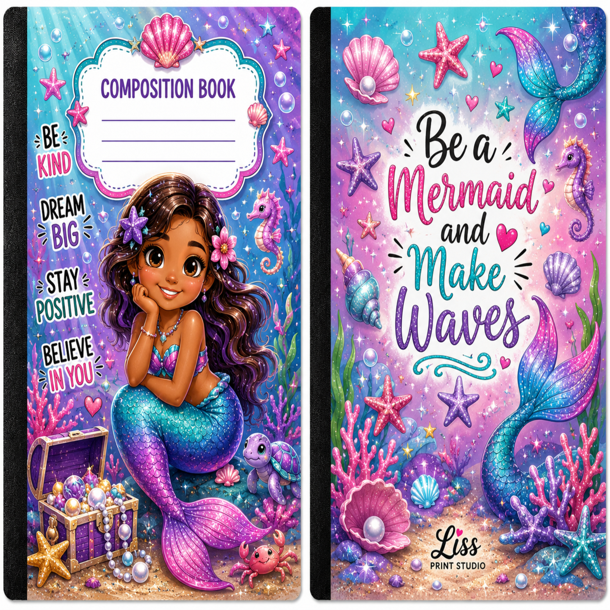 A mermaid-themed composition book shown from both the front and back covers. The cover features a colorful mermaid illustration, sea creatures, shells, coral, and inspirational text including 'Be a Mermaid and Make Waves' and 'Be KIND DREAM BIG STAY POSITIVE BELIEVE IN YOU'.