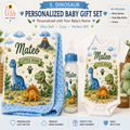 Personalized dinosaur-themed baby gift set by Liss Print Studio, including a minky blanket, a glass baby bottle, and a white onesie, all printed with a colorful dinosaur illustration and the name 'Mateo'.