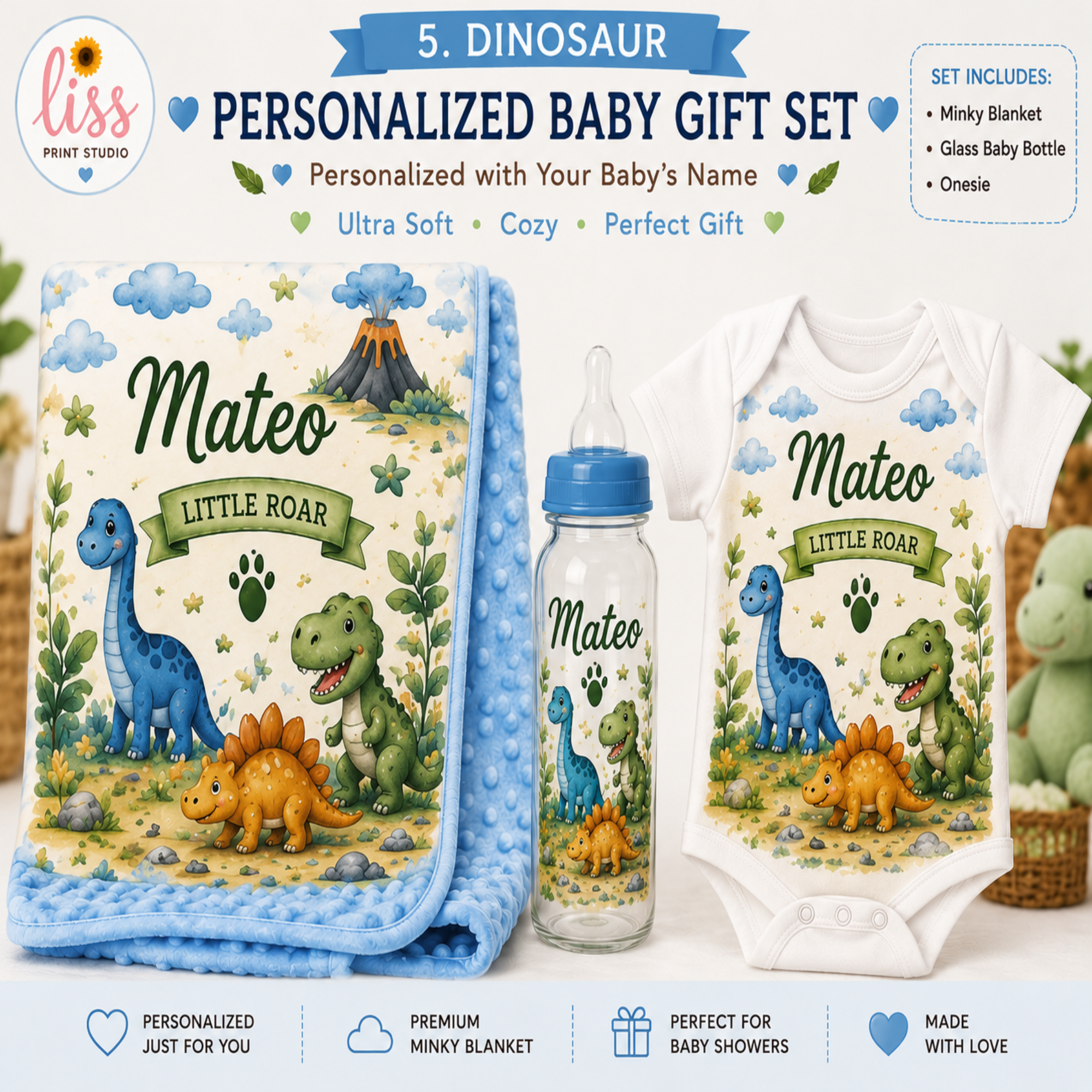 Personalized dinosaur-themed baby gift set by Liss Print Studio, including a minky blanket, a glass baby bottle, and a white onesie, all printed with a colorful dinosaur illustration and the name 'Mateo'.
