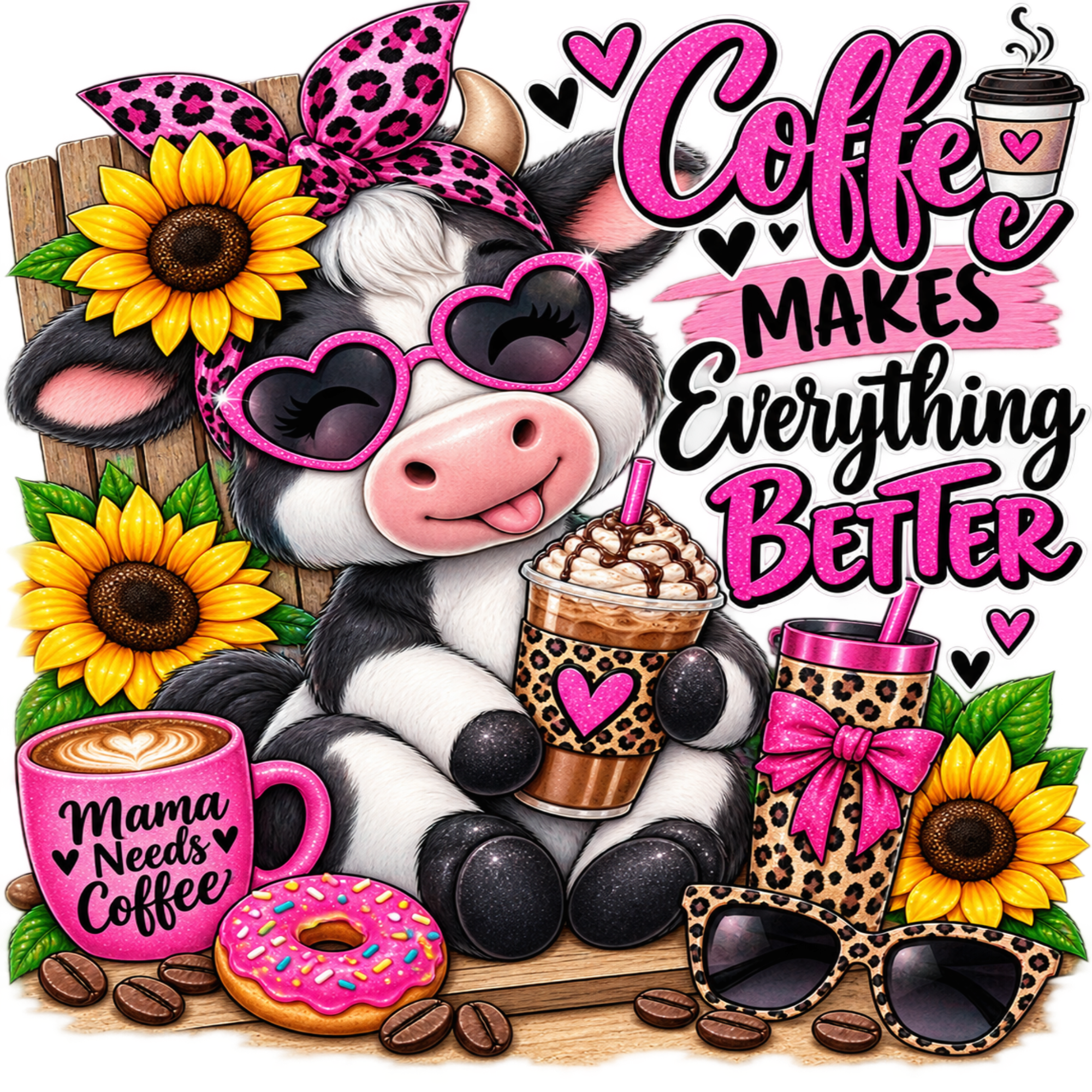 A colorful graphic design featuring a cartoon cow wearing pink heart-shaped sunglasses and a leopard-print bow, surrounded by sunflowers, coffee cups, sunglasses, a donut, and bold text that reads 'Coffee Makes Everything Better' and 'Mama Needs Coffee.'.