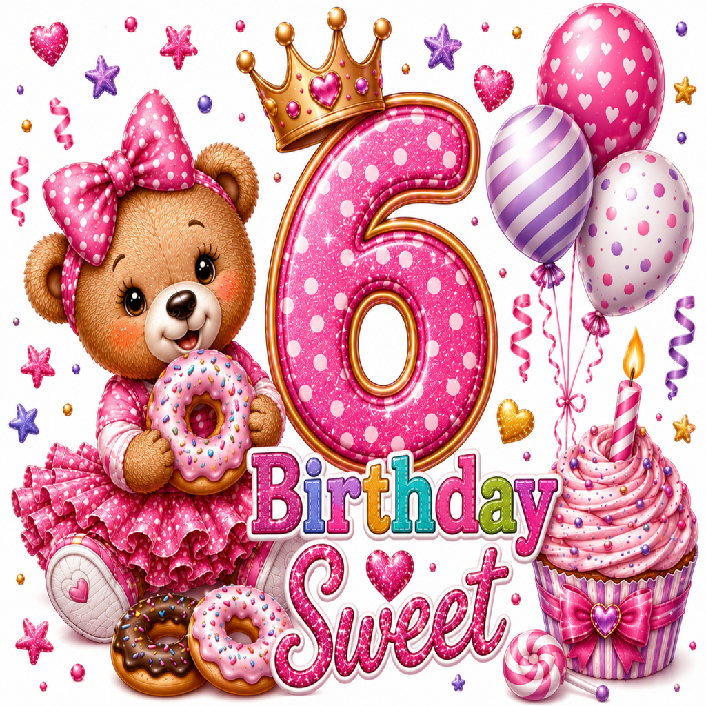 A colorful birthday-themed illustration with a teddy bear in a pink dress and bow holding a donut, a large pink number 6 with a gold crown, the words 'Birthday Sweet,' balloons, a cupcake, donuts, stars, and confetti on a white background.