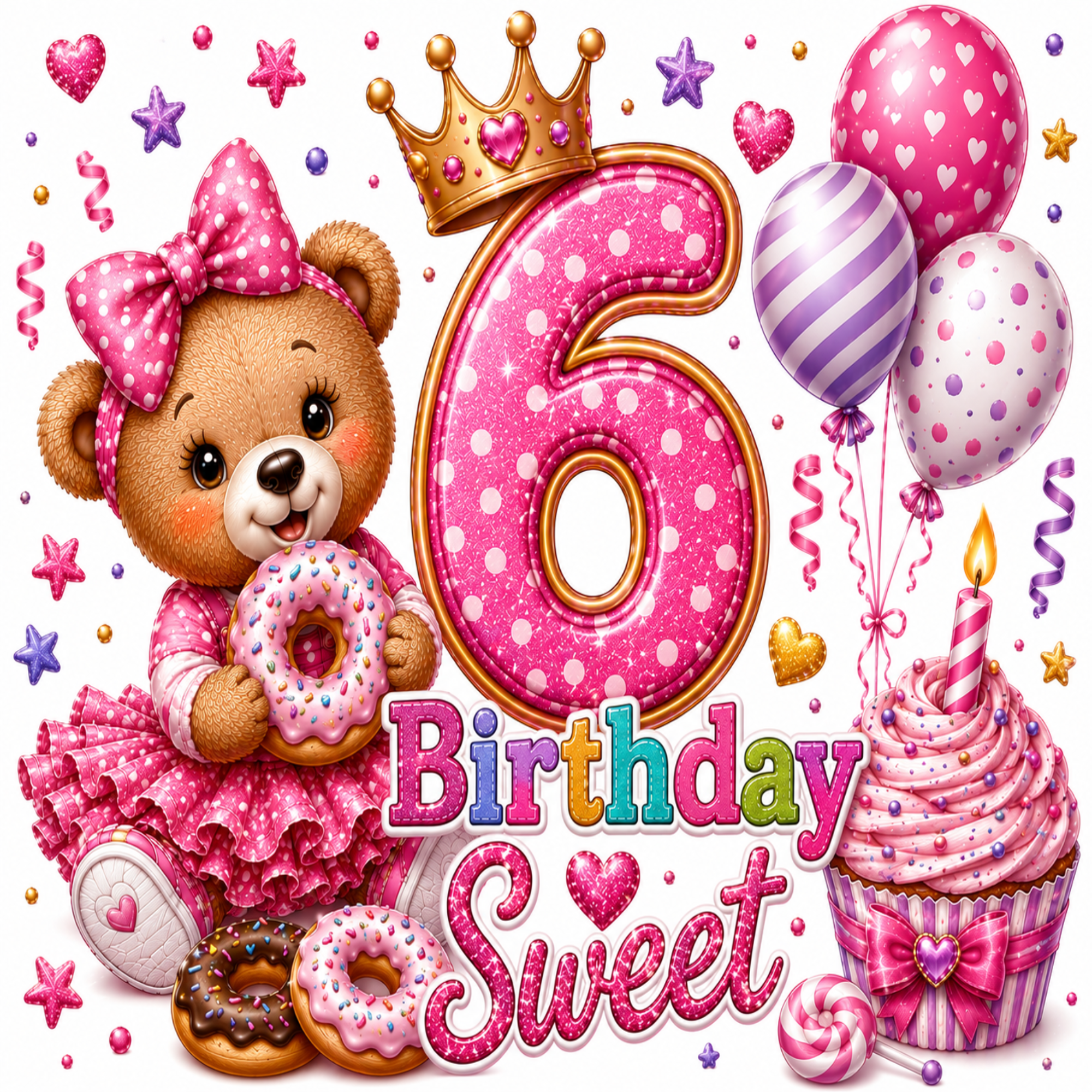 A colorful birthday-themed illustration with a teddy bear in a pink dress and bow holding a donut, a large pink number 6 with a gold crown, the words 'Birthday Sweet,' balloons, a cupcake, donuts, stars, and confetti on a white background.