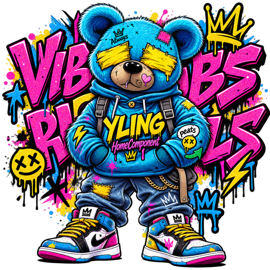 A colorful cartoon teddy bear character wearing a blue hoodie, jeans, and sneakers, surrounded by graffiti-style text and paint splatters on a black background. The hoodie reads 'YLYING HomeComponent' and the bear has 'Always' on its head.