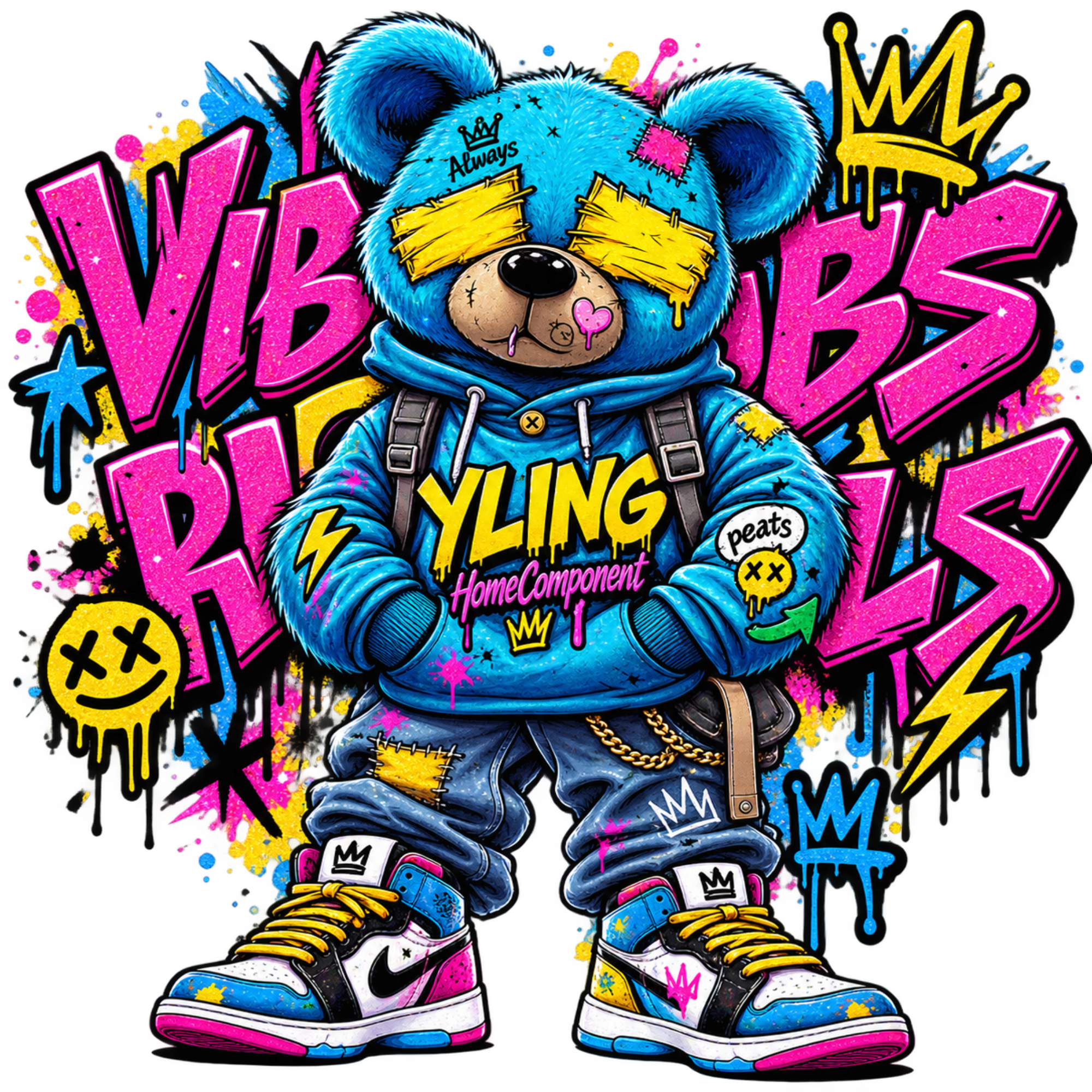 A colorful cartoon teddy bear character wearing a blue hoodie, jeans, and sneakers, surrounded by graffiti-style text and paint splatters on a black background. The hoodie reads 'YLYING HomeComponent' and the bear has 'Always' on its head.