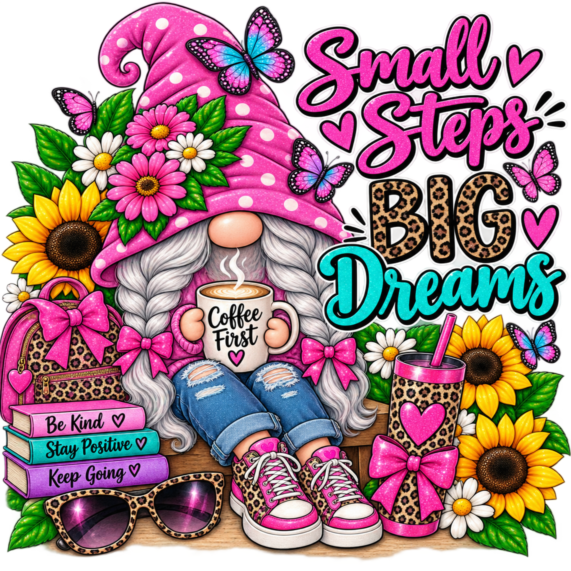 A colorful graphic illustration featuring a whimsical gnome character surrounded by flowers, butterflies, sunglasses, books, a coffee mug, and a tumbler, with the text 'Small Steps BIG Dreams' in pink, teal, and leopard-print lettering.