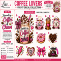 A promotional collage for a coffee-themed UV DTF decal set, showing multiple illustrated decal designs such as a milk coffee cup, mug, clock, donut, bow, lightning bolt, and coffee pot, with text reading 'COFFEE LOVERS UV DTF DECAL COLLECTION' and '10 PIECE SET'.