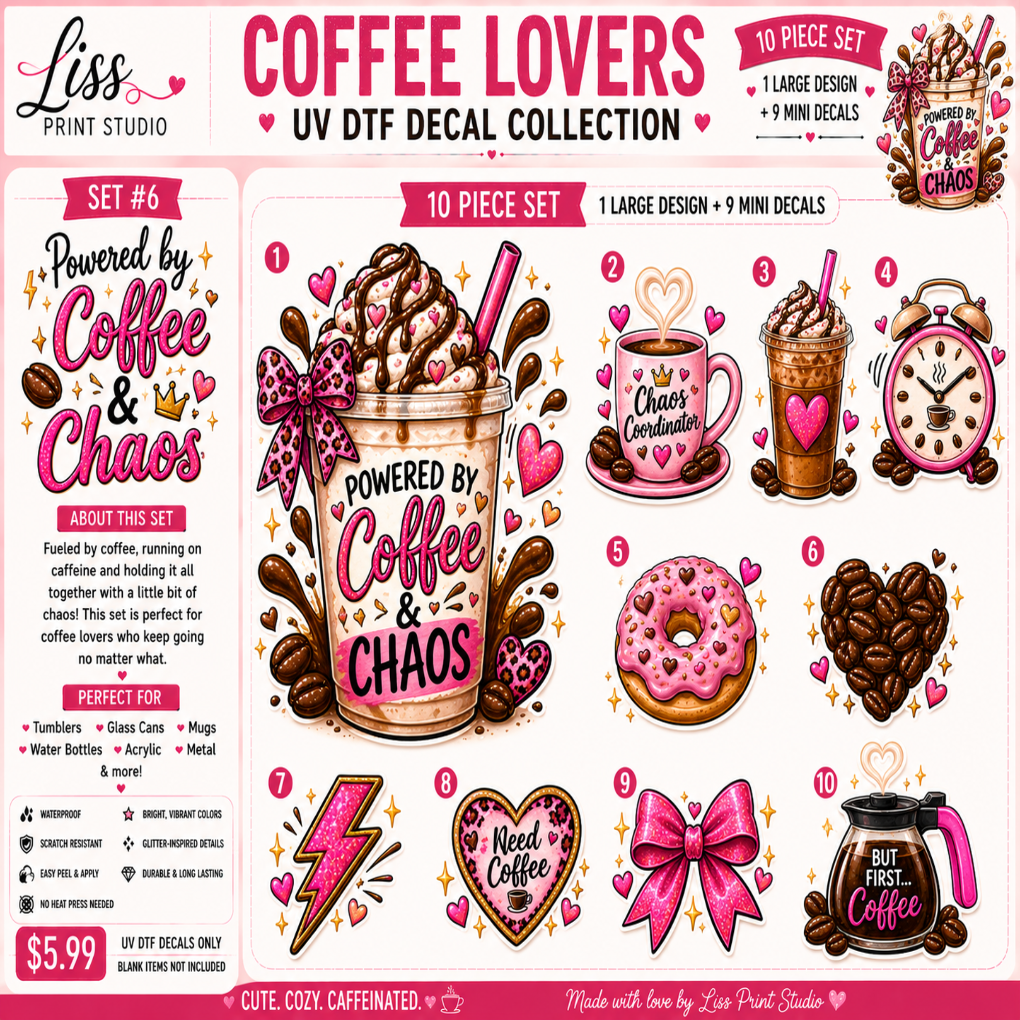 A promotional collage for a coffee-themed UV DTF decal set, showing multiple illustrated decal designs such as a milk coffee cup, mug, clock, donut, bow, lightning bolt, and coffee pot, with text reading 'COFFEE LOVERS UV DTF DECAL COLLECTION' and '10 PIECE SET'.