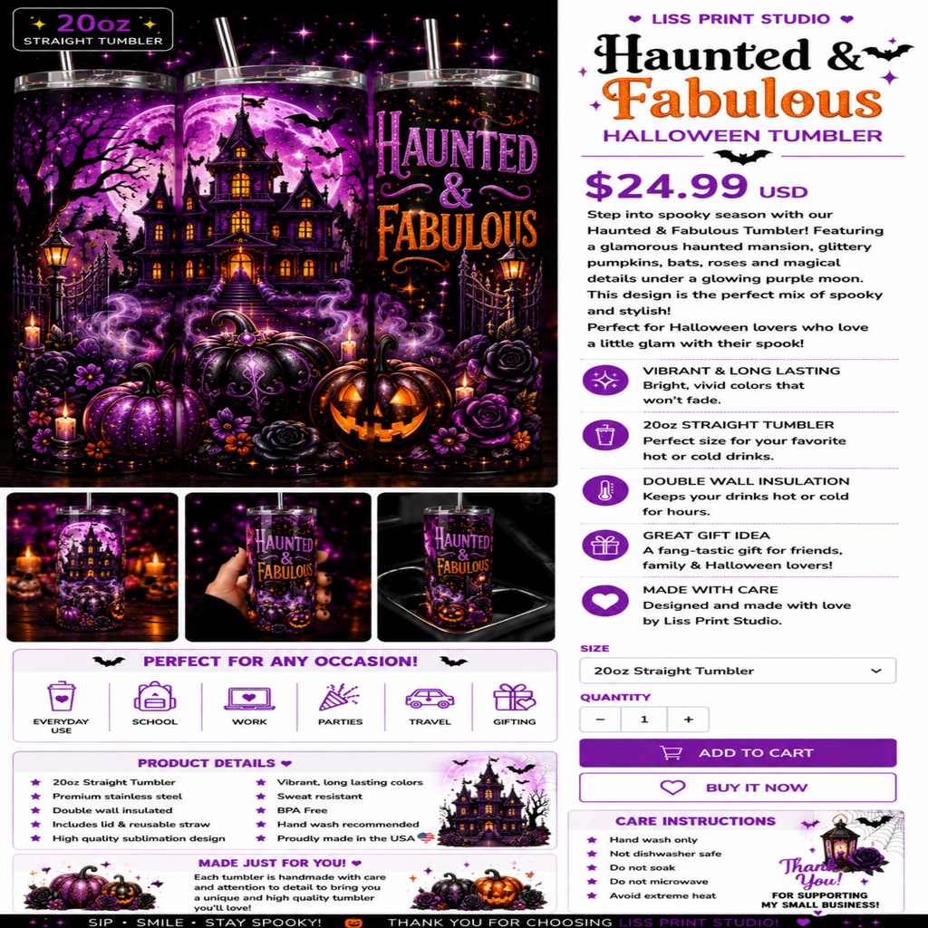 A product listing graphic for a 20oz straight tumbler from Liss Print Studio, featuring a Halloween-themed purple and orange haunted house design. The layout includes the main product artwork, smaller product detail crops, pricing information ($24.