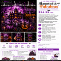 A product listing graphic for a 20oz straight tumbler from Liss Print Studio, featuring a Halloween-themed purple and orange haunted house design. The layout includes the main product artwork, smaller product detail crops, pricing information ($24.