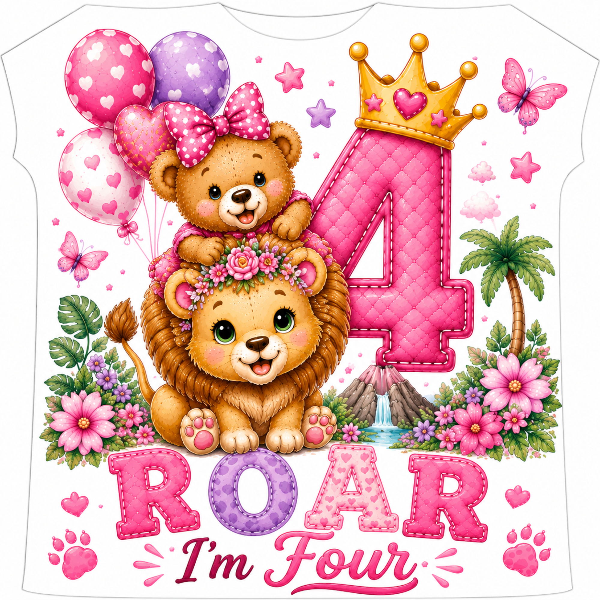 A white T-shirt graphic design featuring a cute cartoon lion cub and a smaller teddy bear decorated with a pink bow and floral crown, alongside a large pink quilted number 4, balloons, butterflies, flowers, a palm tree, and the text 'ROAR I'm Four'.