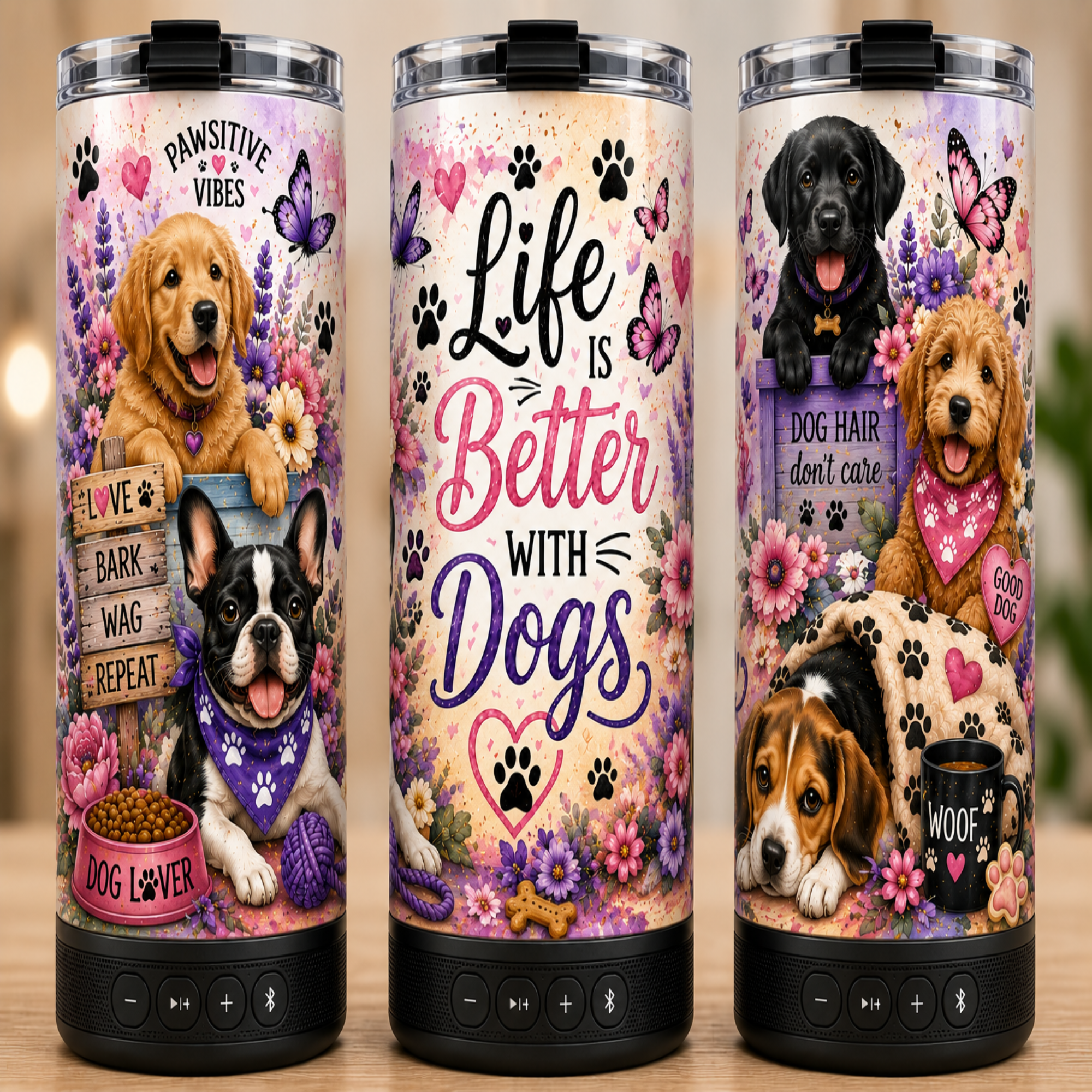 Three insulated tumbler cups with black lids and bases are shown side by side on a wooden surface. The tumblers feature colorful dog-themed wrap designs with flowers, butterflies, paw prints, and dog portraits.
