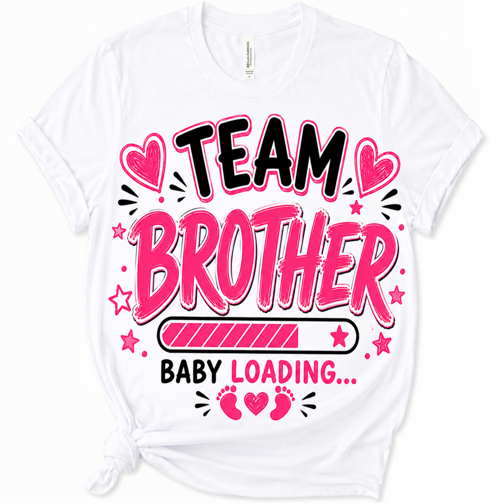 A white short-sleeve t-shirt with a graphic print that reads 'TEAM BROTHER BABY LOADING.