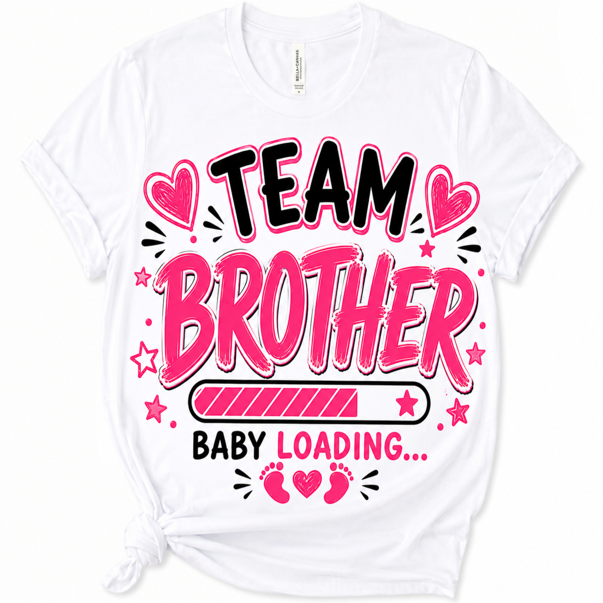 A white short-sleeve t-shirt with a graphic print that reads 'TEAM BROTHER BABY LOADING.