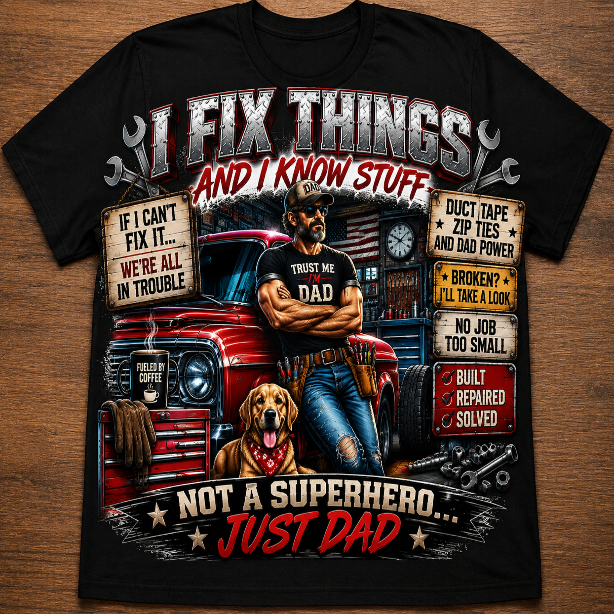 A black short-sleeve graphic t-shirt laid flat on a brown wooden surface. The shirt features a large, detailed graphic print with the text 'I FIX THINGS AND I KNOW STUFF' and 'NOT A SUPERHERO.