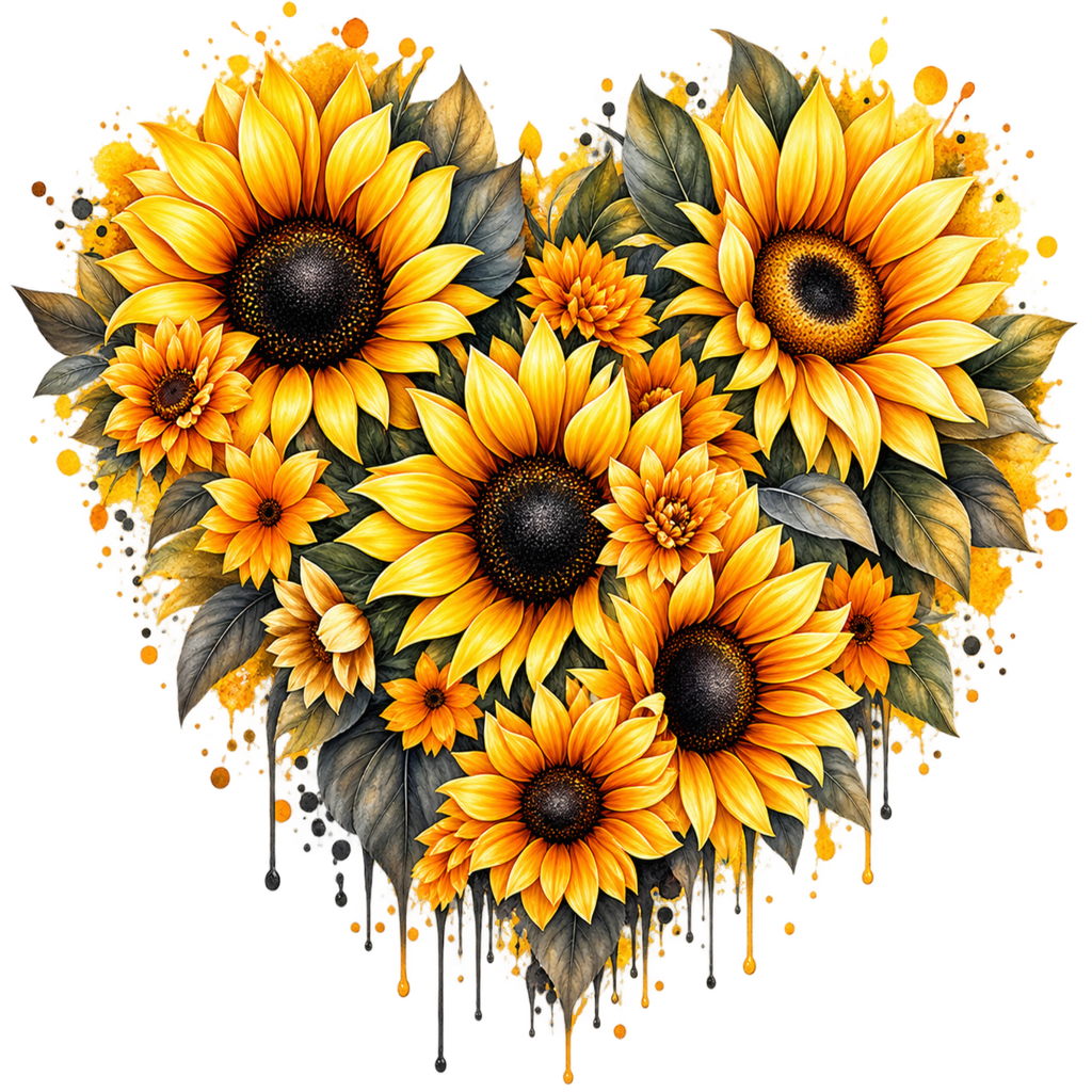 A heart-shaped floral arrangement featuring large yellow sunflowers with dark brown centers, smaller orange flowers, and green leaves, with paint-drip effects on a plain white background.