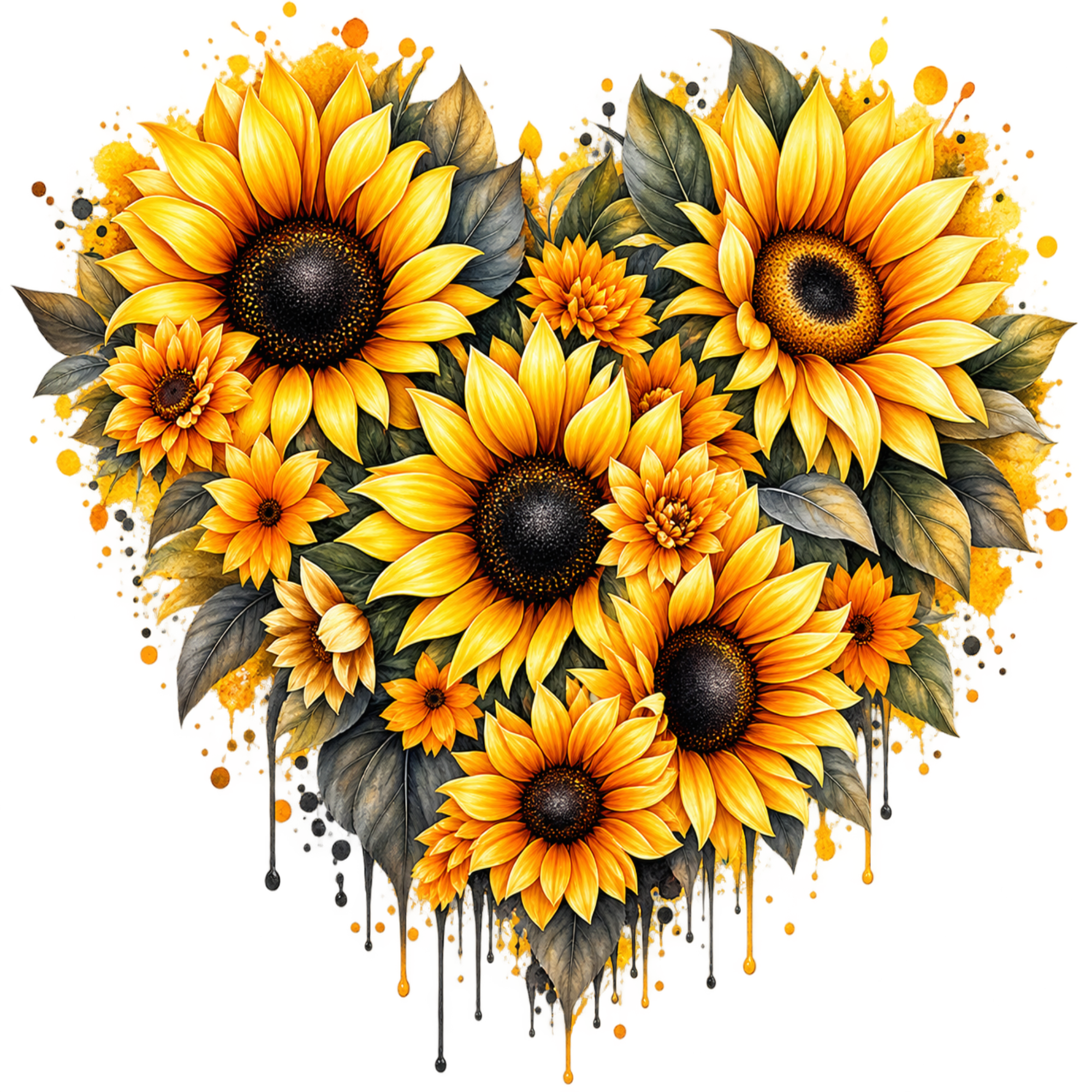 A heart-shaped floral arrangement featuring large yellow sunflowers with dark brown centers, smaller orange flowers, and green leaves, with paint-drip effects on a plain white background.