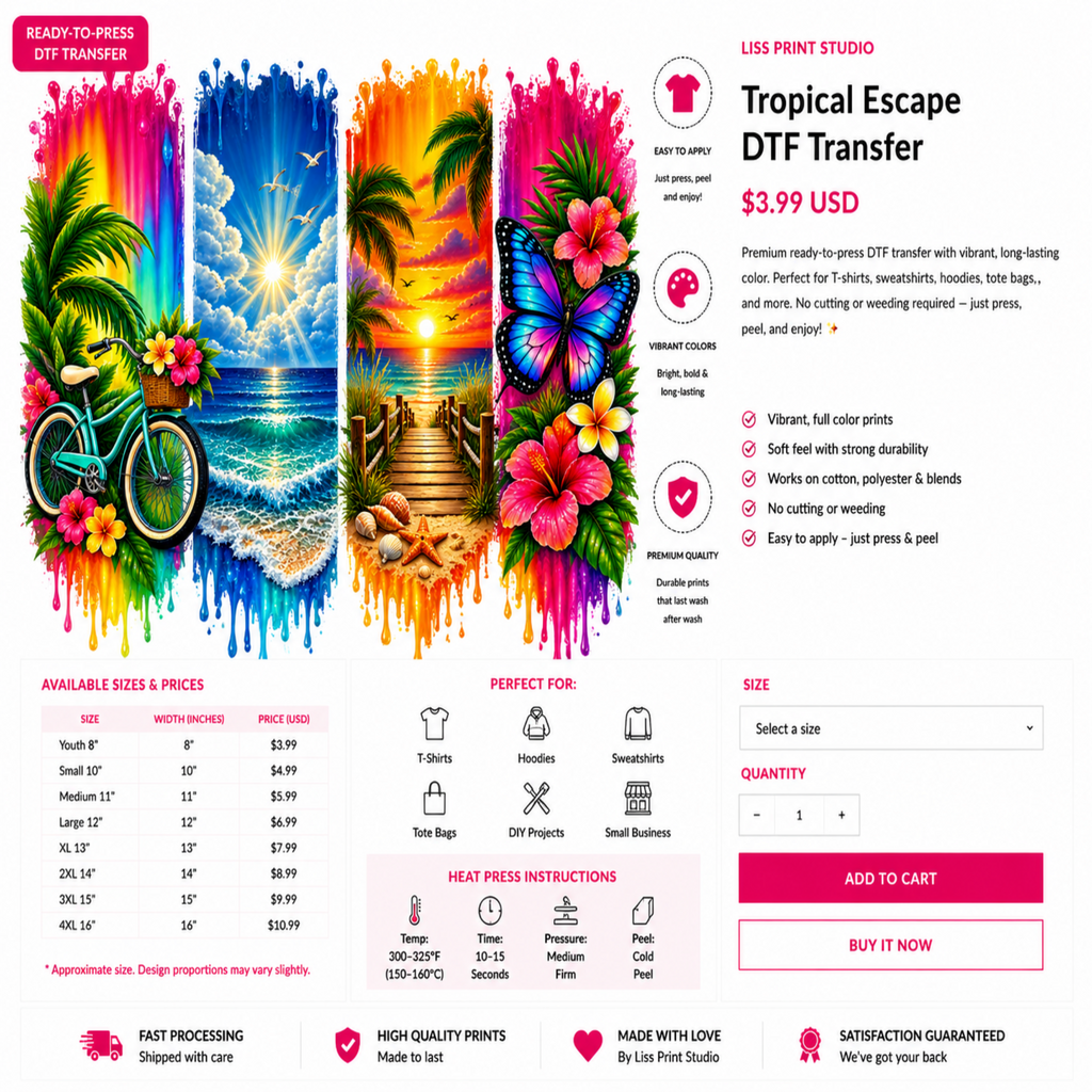 A promotional graphic for a tropical beach-themed DTF transfer by Less Print Studio, showing three colorful paint-splattered beach scenes with a bicycle, palm tree, and poolside setup. The left scene includes a bicycle with a multicolor striped jersey and a blue-and-white flag.