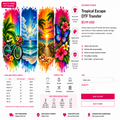A promotional graphic for a tropical beach-themed DTF transfer by Less Print Studio, showing three colorful paint-splattered beach scenes with a bicycle, palm tree, and poolside setup. The left scene includes a bicycle with a multicolor striped jersey and a blue-and-white flag.