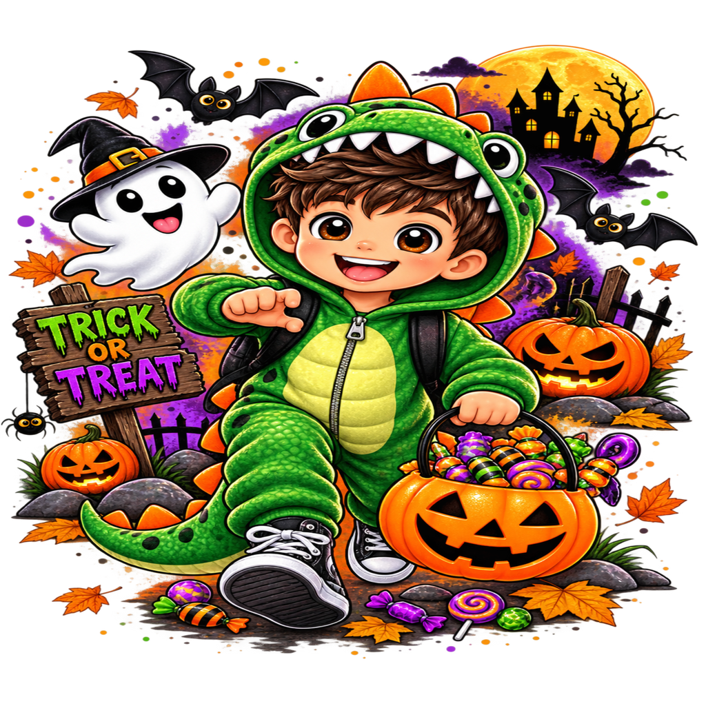 A colorful Halloween illustration of a child in a green dinosaur costume, surrounded by jack-o'-lanterns, candy, a ghost, bats, a haunted house, and a 'Trick or Treat' sign.