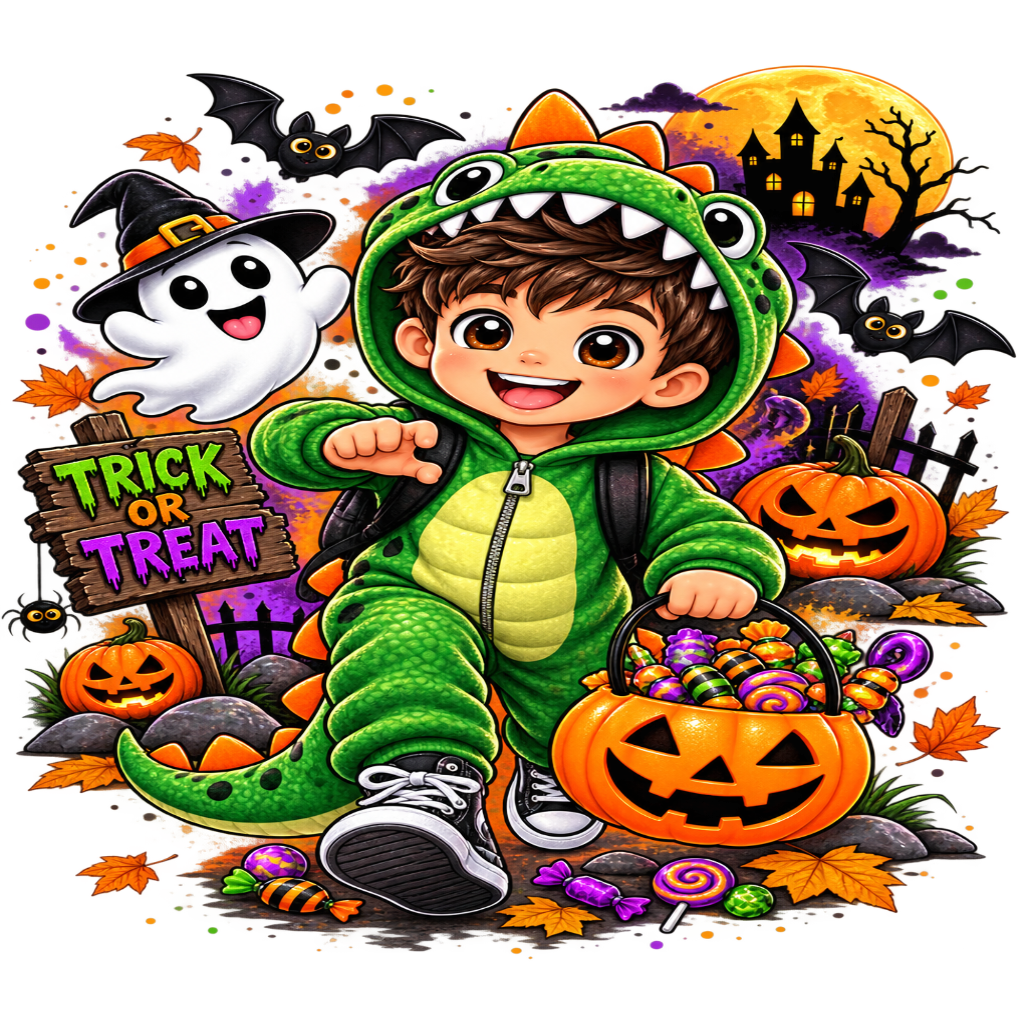 A colorful Halloween illustration of a child in a green dinosaur costume, surrounded by jack-o'-lanterns, candy, a ghost, bats, a haunted house, and a 'Trick or Treat' sign.