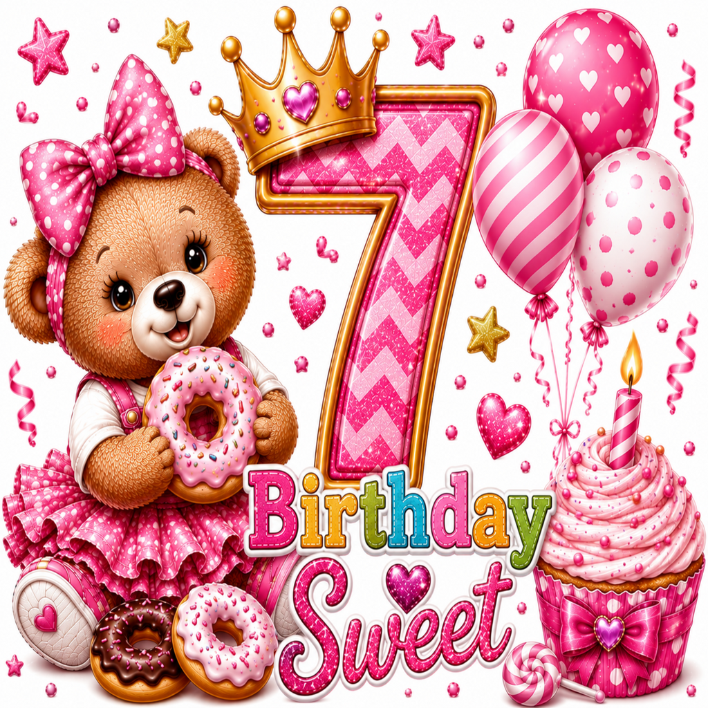 Pink and white 7th birthday graphic featuring a teddy bear holding a donut, a large glittery number 7 with a crown, balloons, cupcakes, donuts, stars, and the words 'Birthday Sweet' on a white background.