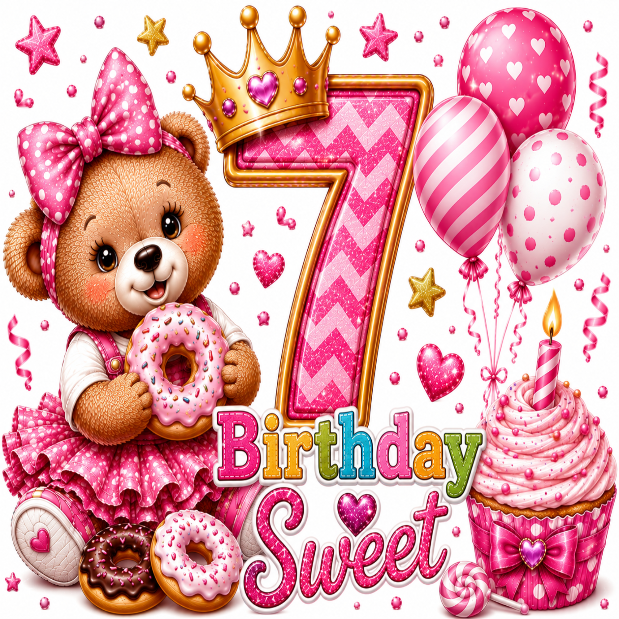 Pink and white 7th birthday graphic featuring a teddy bear holding a donut, a large glittery number 7 with a crown, balloons, cupcakes, donuts, stars, and the words 'Birthday Sweet' on a white background.