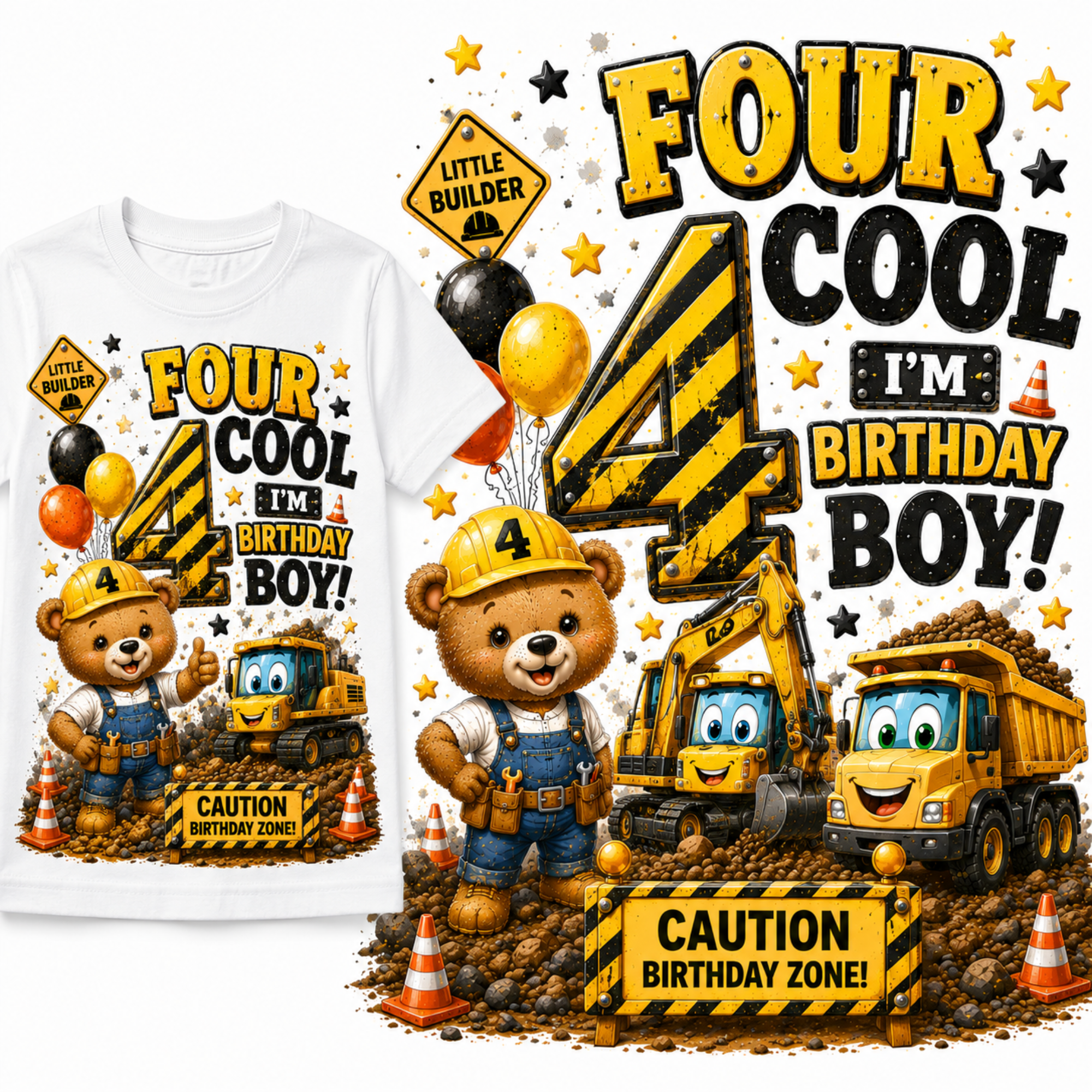 A white children's birthday T-shirt shown on a white background, alongside a large matching printed design panel. The shirt and print feature a construction-themed birthday design with a teddy bear wearing a hard hat, a yellow excavator, a yellow dump truck, balloons, stars, and bold text reading 'FOUR COOL I'M BIRTHDAY BOY!' and 'CAUTION BIRTHDAY ZONE!'.