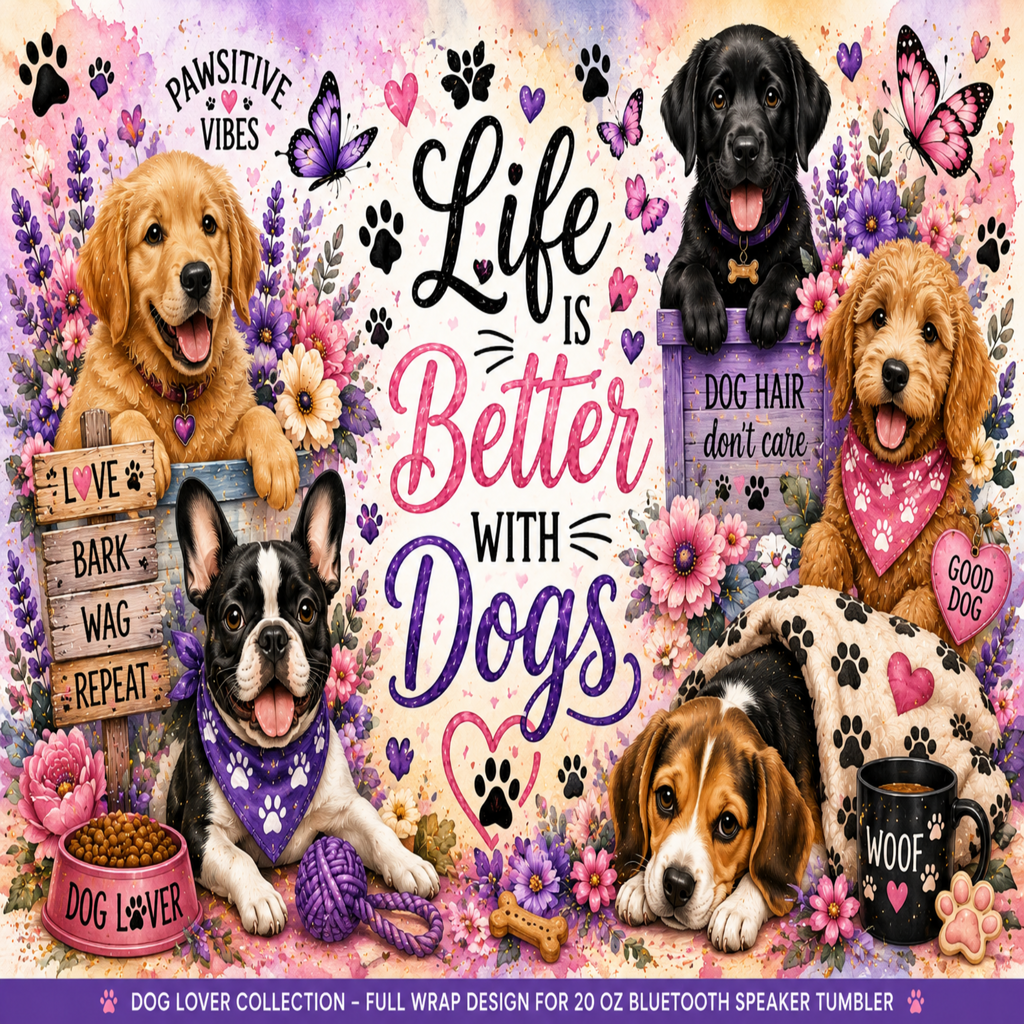 A colorful illustrated dog-themed wrap design with multiple dogs, flowers, paw prints, butterflies, and large text reading 'Life is Better with Dogs.' This appears to be the product artwork itself rather than a real photographed environment, so subject_type is Scenery rather than Lifestyle or Product/Packaging.