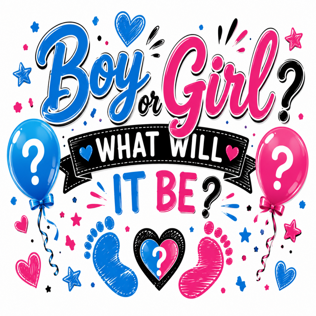 A colorful graphic design with the text 'Boy or Girl? WHAT WILL IT BE?' in blue and pink lettering, surrounded by blue and pink balloons with question marks, baby footprints, and heart icons on a white background.