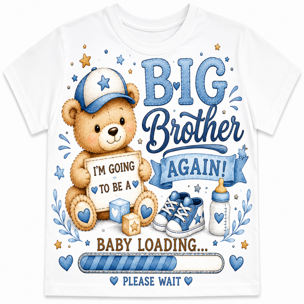 A white short-sleeve baby tee with a colorful graphic design celebrating a boy's second birthday. The design features a cartoon teddy bear wearing a blue and white cap and holding a sign that reads 'I'M GOING TO BE A BABY', alongside baby shoes, a bottle, and the text 'BIG Brother AGAIN!' and 'BABY LOADING.