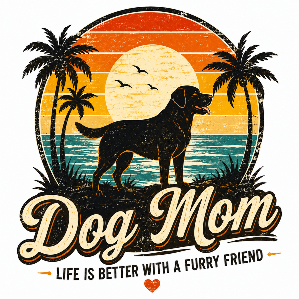 A retro-style graphic design featuring a black dog standing on a beach with palm trees, a sunset, ocean waves, and the text 'Dog Mom' and 'Life is better with a furry friend' on a white background.