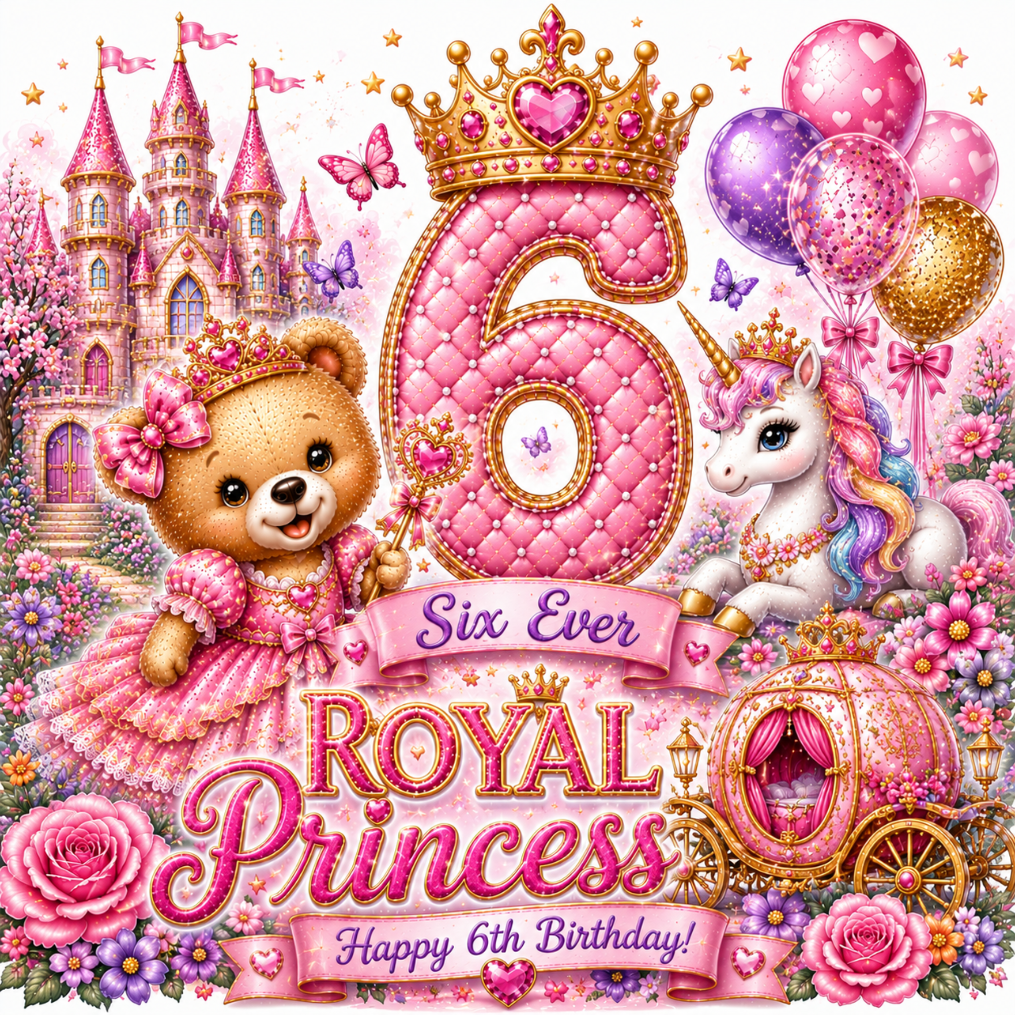 A whimsical 6th birthday royal princess illustration featuring a teddy bear in a pink dress, a white unicorn, a large pink quilted number 6 with a gold crown, balloons, a carriage, flowers, and the text 'Six Ever ROYAL Princess Happy 6th Birthday!'.