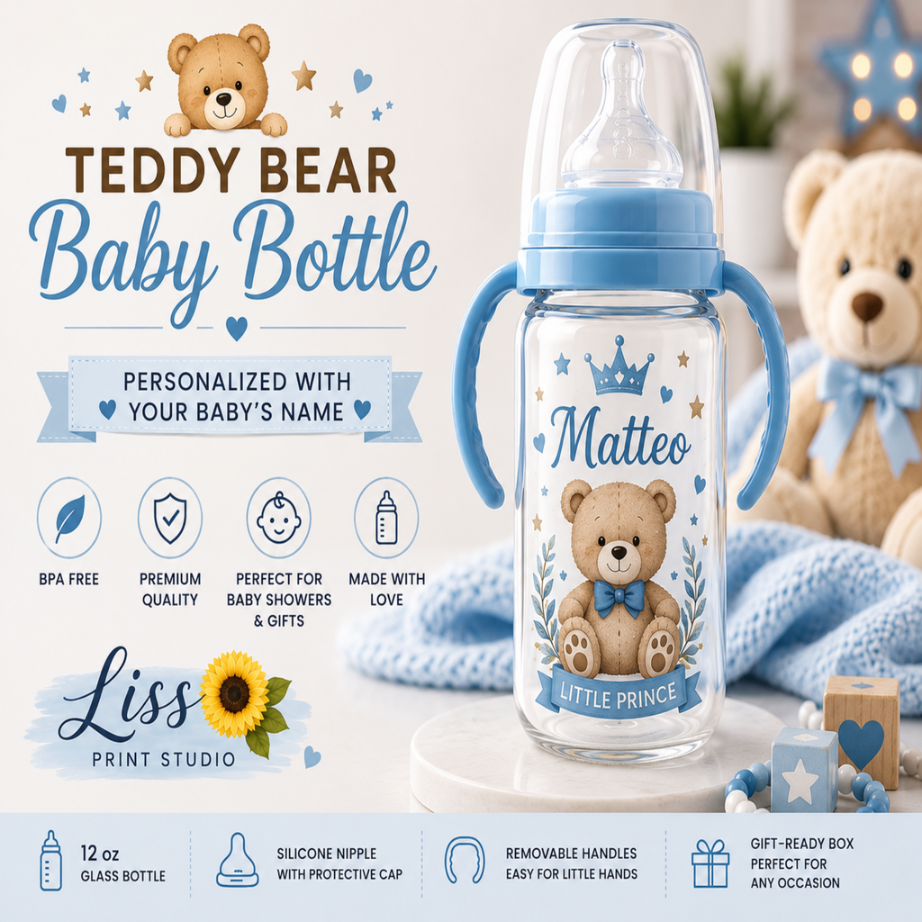 A personalized baby bottle with a teddy bear illustration and the name 'Matteo' on the front, shown alongside promotional text and a plush teddy bear in a soft blue nursery-style setting. The bottle has blue handles and a blue cap, and the design includes stars, leaves, and a crown motif.
