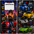 A two-sided composition book cover design featuring a colorful race car theme. The left page has a white writing box at the top labeled 'COMPOSITION BOOK' and motivational text around a cartoon boy sitting on a red race car.
