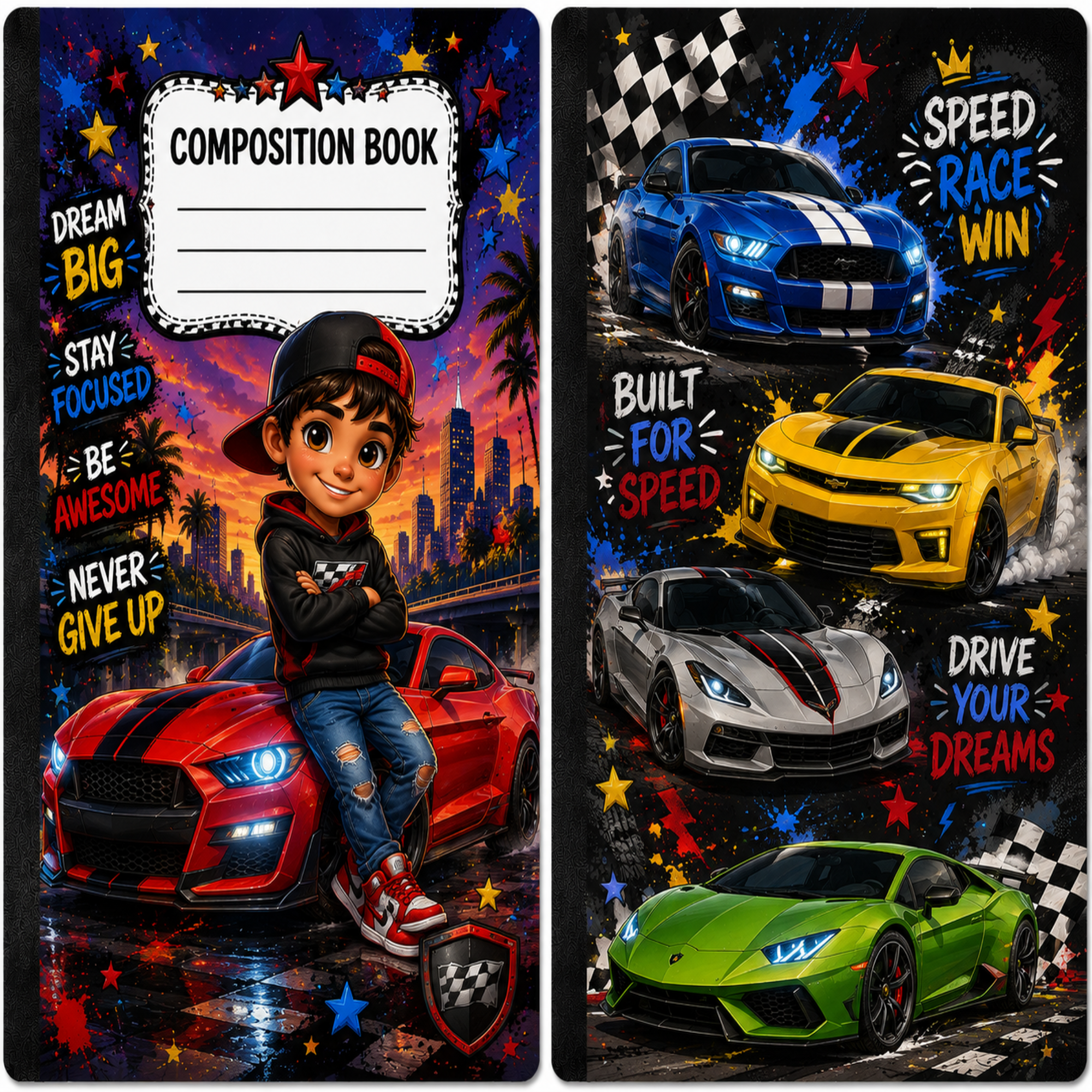 A two-sided composition book cover design featuring a colorful race car theme. The left page has a white writing box at the top labeled 'COMPOSITION BOOK' and motivational text around a cartoon boy sitting on a red race car.