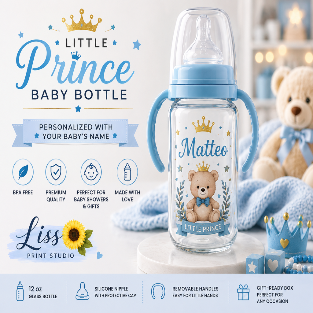 Personalized baby bottle with a light blue collar and handles, featuring a printed teddy bear, crown, and the name 'Matteo' on a white background with promotional text and a teddy bear plush.