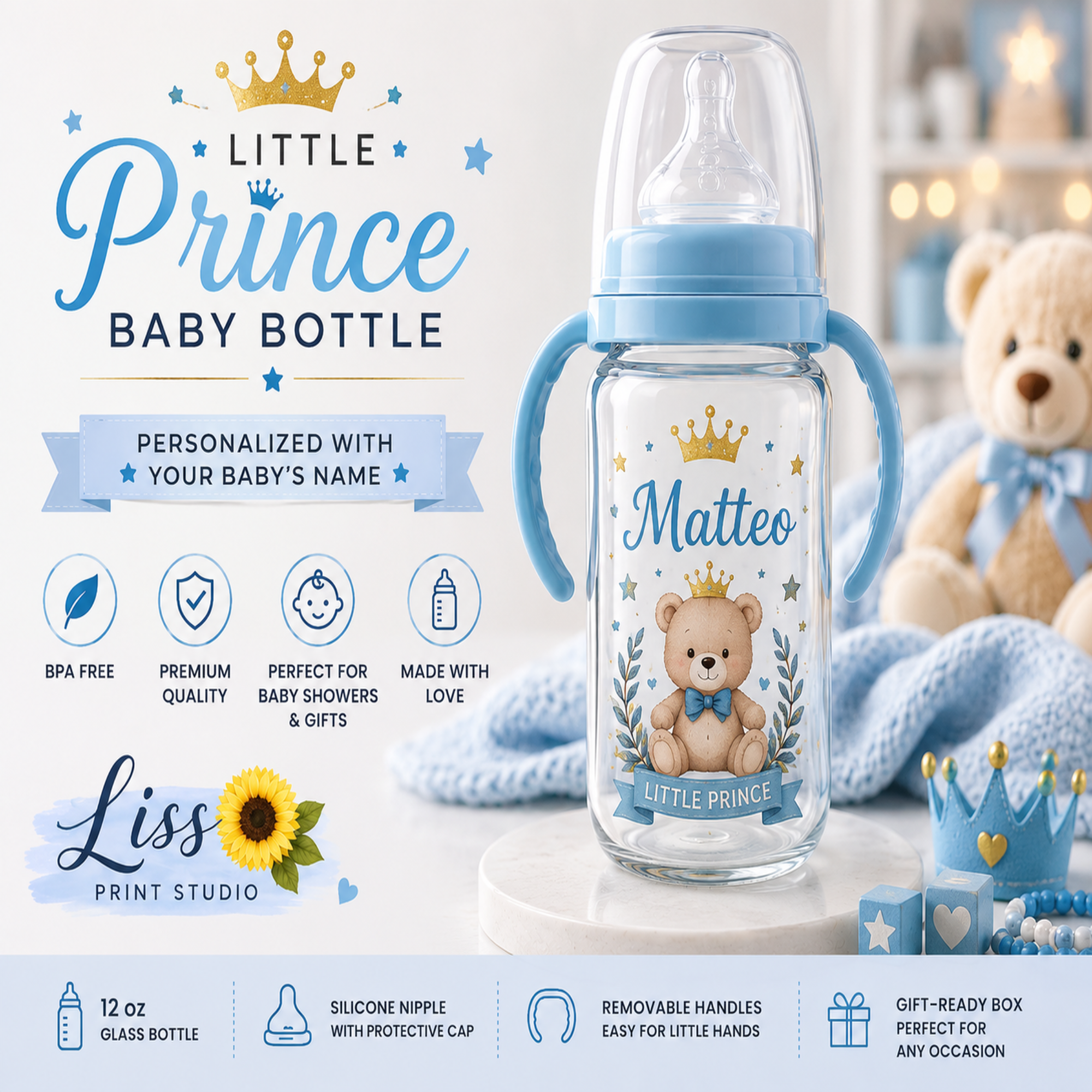 Personalized baby bottle with a light blue collar and handles, featuring a printed teddy bear, crown, and the name 'Matteo' on a white background with promotional text and a teddy bear plush.