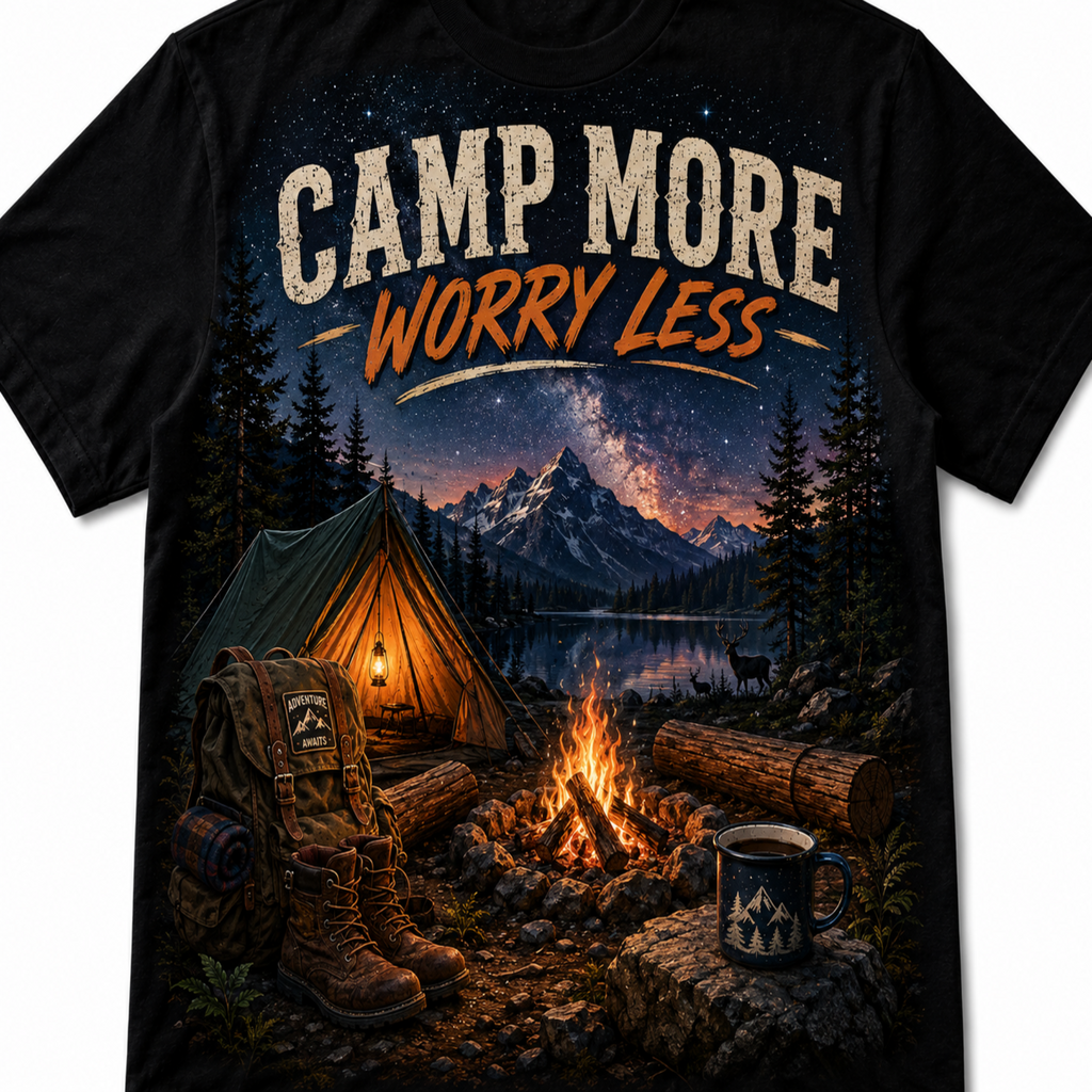 A black short-sleeve graphic t-shirt featuring a detailed camping scene with the text 'CAMP MORE WORRY LESS' across the chest. The graphic depicts a cozy campsite with a glowing tent, campfire, hiking boots, a backpack, and a mug set against a backdrop of mountains, a lake, and a starry night sky.