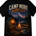 A black short-sleeve graphic t-shirt featuring a detailed camping scene with the text 'CAMP MORE WORRY LESS' across the chest. The graphic depicts a cozy campsite with a glowing tent, campfire, hiking boots, a backpack, and a mug set against a backdrop of mountains, a lake, and a starry night sky.