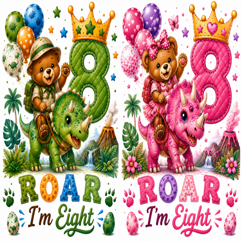 A colorful children's birthday decoration or backdrop design featuring two cartoon teddy bears riding dinosaurs beside large quilted number 8s, balloons, stars, palm leaves, paw prints, and the text 'ROAR I'm Eight' on a white background.