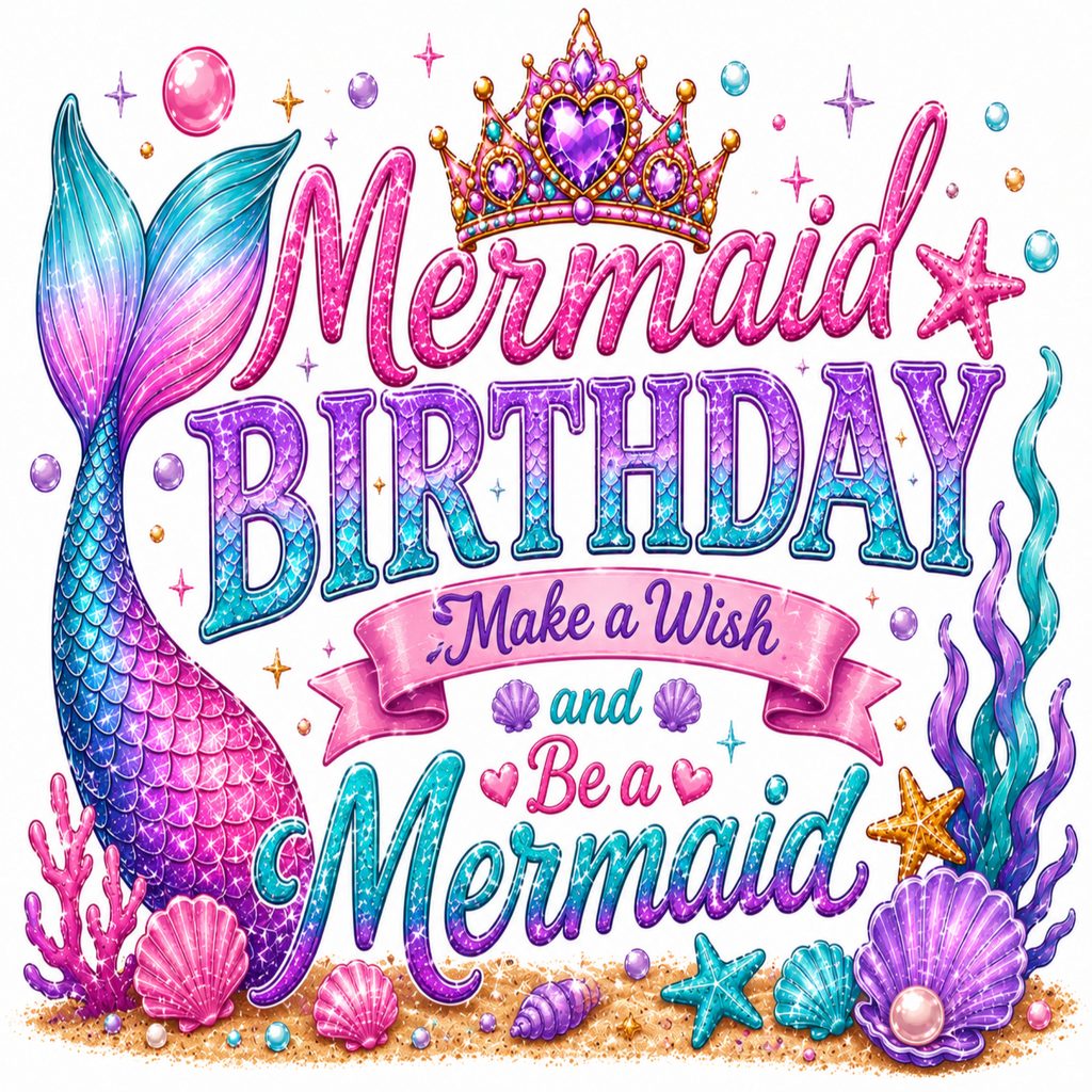 Mermaid birthday card design with a glittery mermaid tail, crown, starfish, seashells, coral, and the text 'Mermaid Birthday Make a Wish and Be a Mermaid' on a white background.