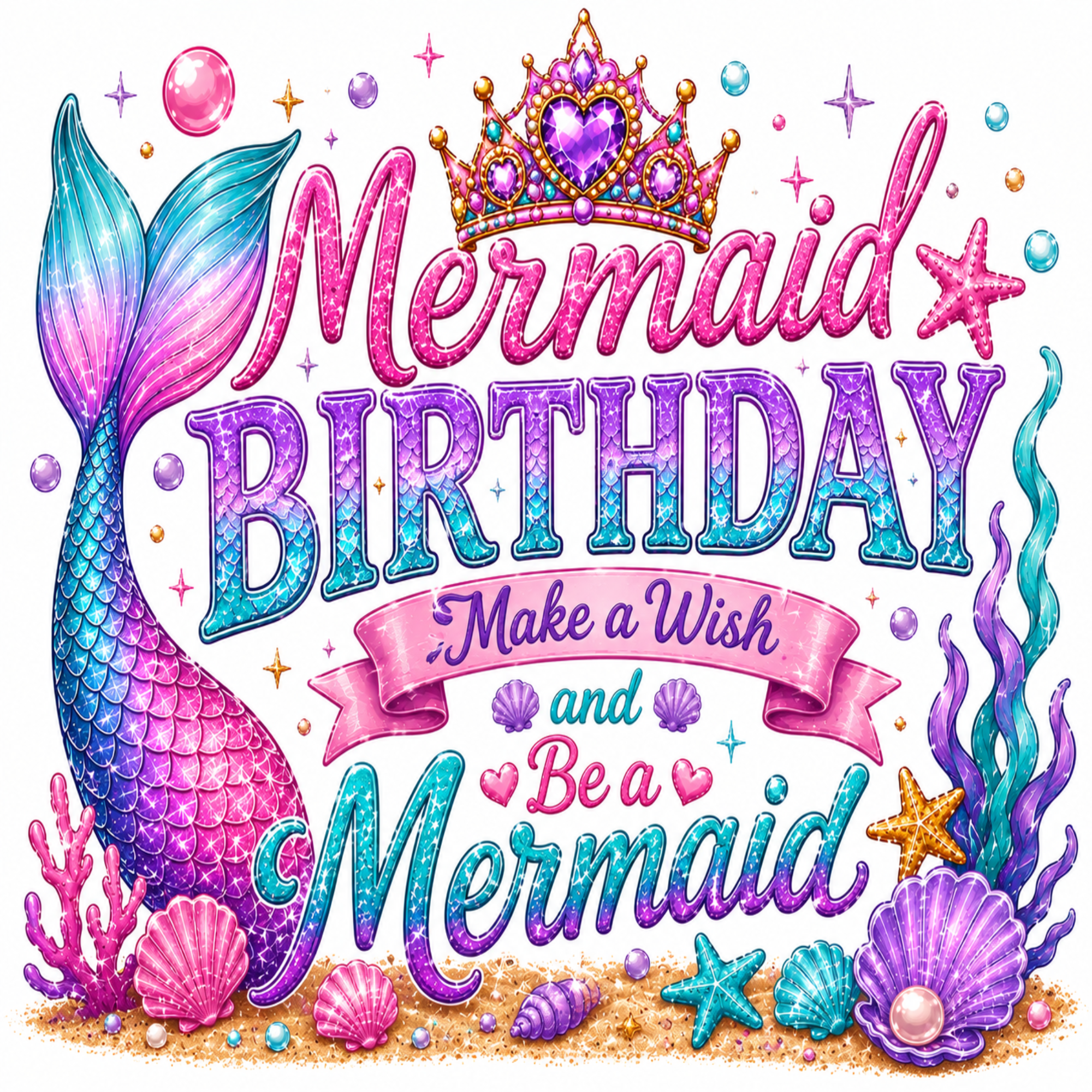 Mermaid birthday card design with a glittery mermaid tail, crown, starfish, seashells, coral, and the text 'Mermaid Birthday Make a Wish and Be a Mermaid' on a white background.